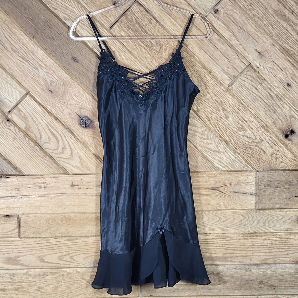Vintage LAI Design Nightgown Womens S Lace Sequin Lattice Satin Chemise Black
